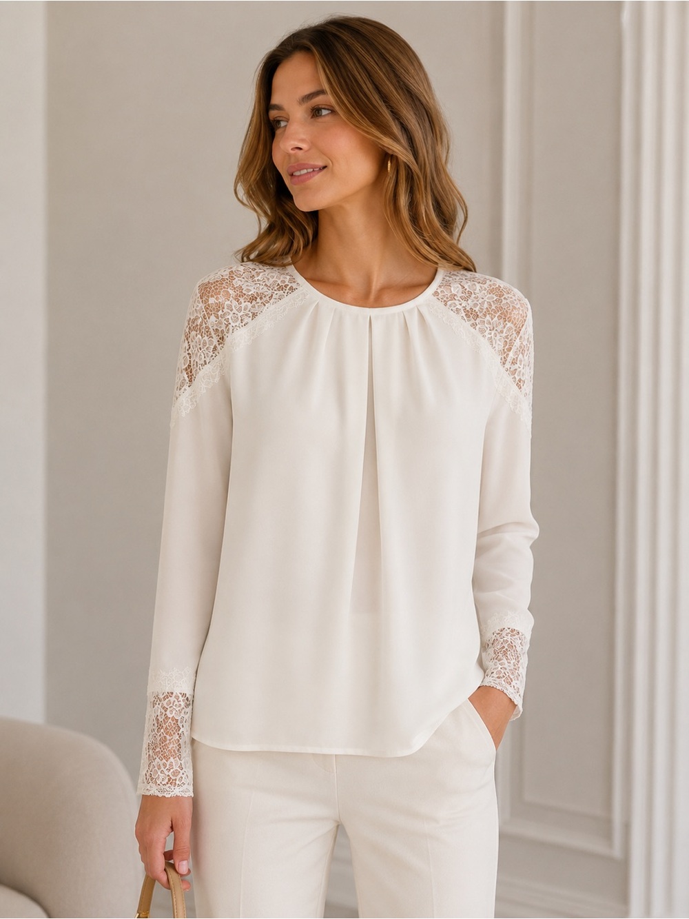 Alice + Olivia Cream Danyelle Lace Shoulder Cuffs Silk Top Small Feminine READ